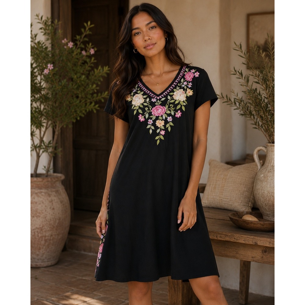 Caite Dress Women Xs Black Bonnie Floral Embroidered Boho Peasant